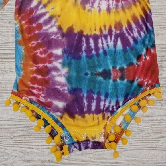 Rainbow Tie Dye Ruffle Pompom Long Sleeve Bodysuit - Picture 2 of 3